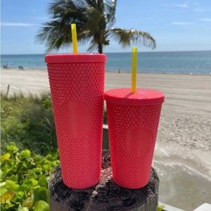 Starbucks Dragon Fruit Studded Tumbler Bling Coral Cup 2pc SET Venti & Grande